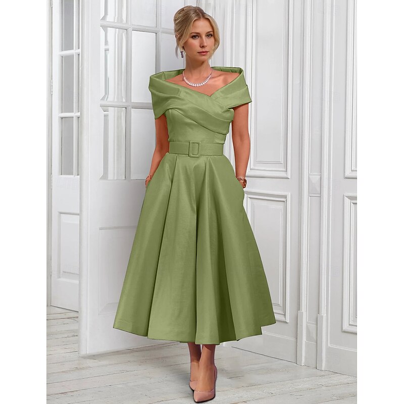 A-Line Cocktail Dresses Elegant Dress Formal Wedding Tea Length Midi Length Sleeveless Adjustable Cover Buttons Off Shoulder Satin with Pleats4