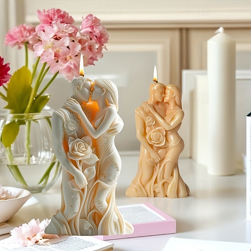 Romantic  Silicone Romantic Silicone Candle Mold  Valentine's Day Couple Embrace Design with Rose Detail  Flexible Easy-Release DIY Aromatherapy Crafting Tool for Wedding & Anniversary Gifts4