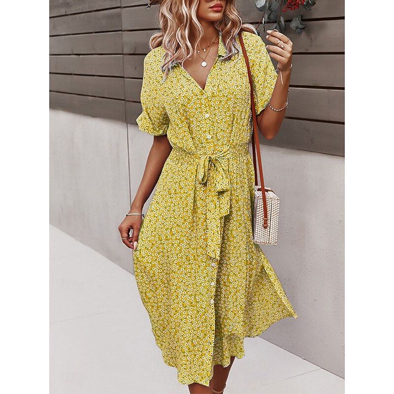 Women's Midi Dress A Line Dress Casual Outdoor Going out Regular Fit Floral Short Sleeve Turndown Black Yellow Red Sky Blue Summer4