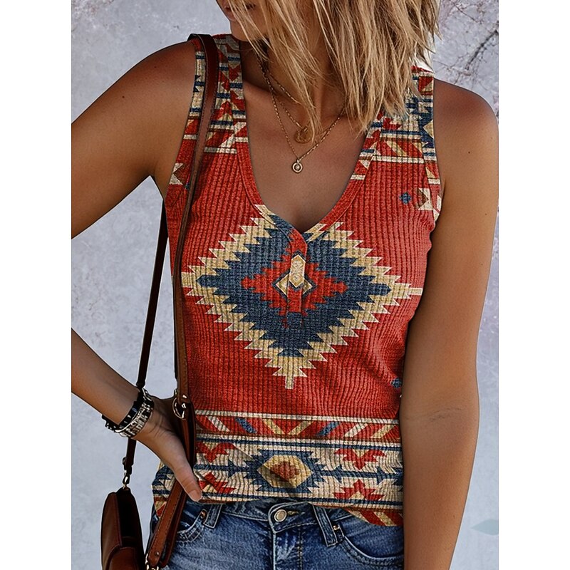 Women's Camisole Tank Top Graphic Geometric Vintage Stylish Ethnic Sleeveless V Neck Regular Tops Daily Print Red Blue Dusty Blue Summer Spring3