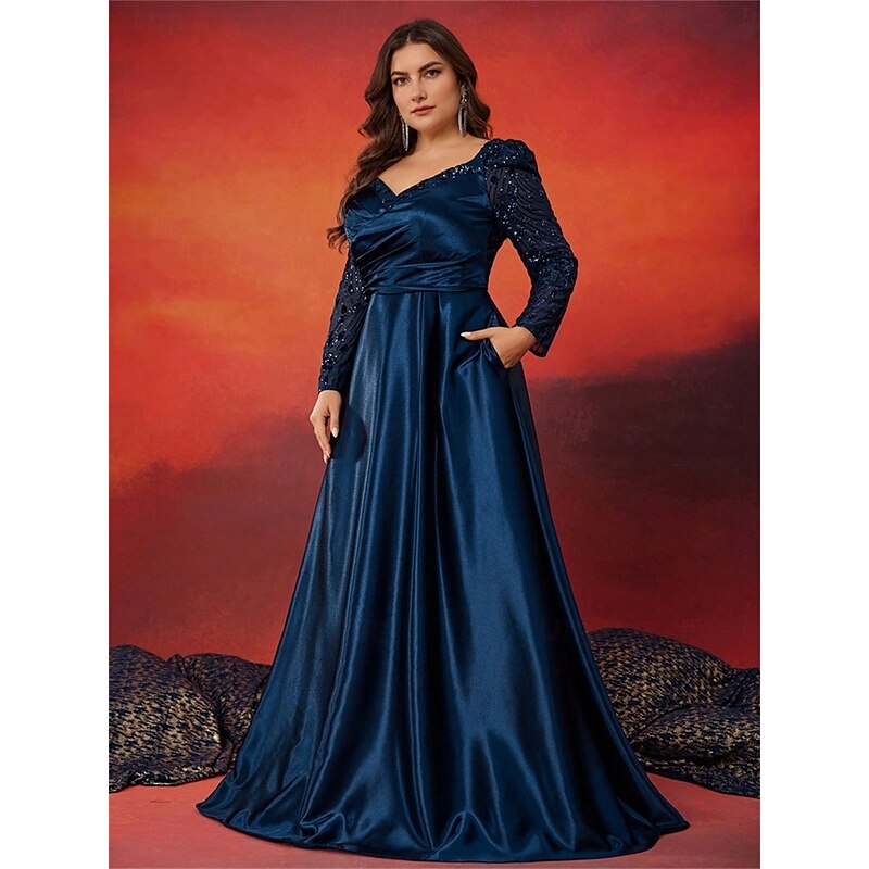 A-Line Plus Size Dresses Elegant Curve Dress Formal Wedding Floor Length Long Sleeve Sweetheart Satin with Pleats4