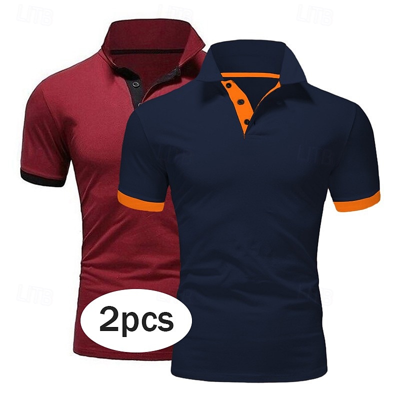 2 Pack Men's Polo Shirt Golf Shirt Sports Lapel T Shirt Short Sleeve Fashion Basic Color  Summer Regular Fit Dark Blue White Blue White Black Golf T Shirt