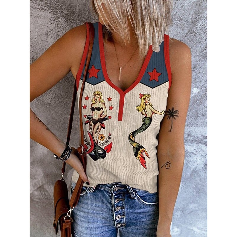 Women's Camisole Tank Top Graphic Geometric Bohemia Vintage Stylish Sleeveless V Neck Regular Tops Daily Print Yellow Beige Summer Spring2