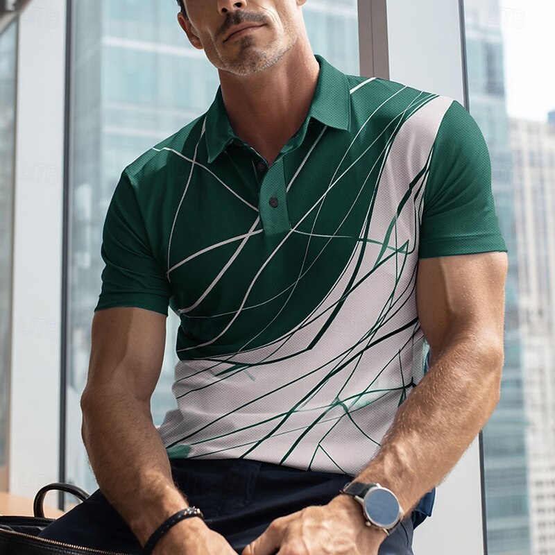 Men's Abstract Line Polo Short Sleeve Polo Shirts Lapel Casual Athleisure 3D Print Buttons Summer Dark Brown Black Blue4