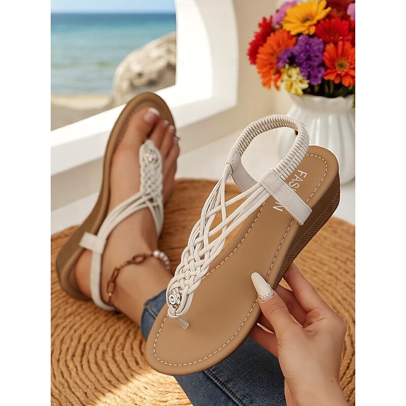 Women's Beige Braided Strap Thong Wedge Sandals – Casual Boho - Style Footwear with Rhinestone Accent for Summer Beach & Vacations