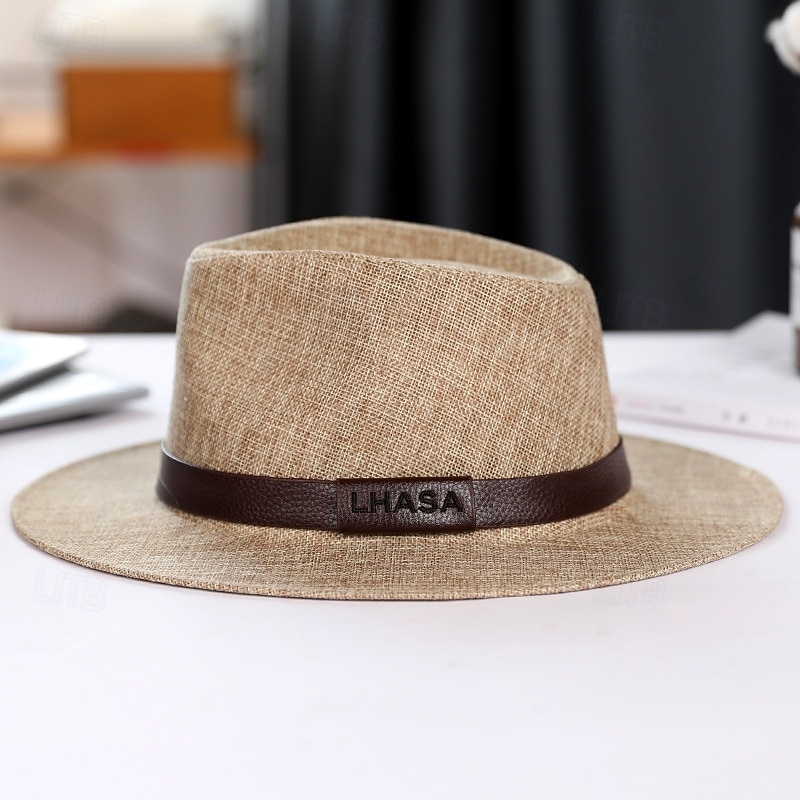 Men's Linen Sun Hat Panama Flat Brim British Jazz Hat Sun Protection Gentleman Hat3