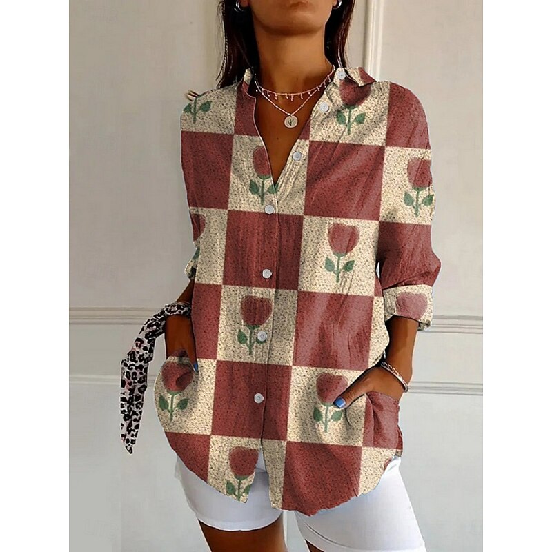 Women's Shirt Floral Active Daily Stylish Long Sleeve Shirt Collar Regular Tops Daily Holiday Buttons Print Pink Red Royal Blue Blue Dusty Blue Spring Fall2