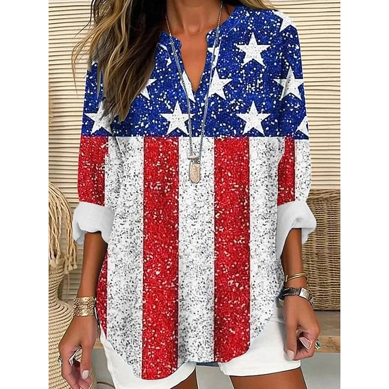 Women's Blouse Tunic V Neck Long Sleeve Boho Casual Patriotic Graphic Flag Vintage Tropical Regular Tops Daily Wear Print Red Blue
