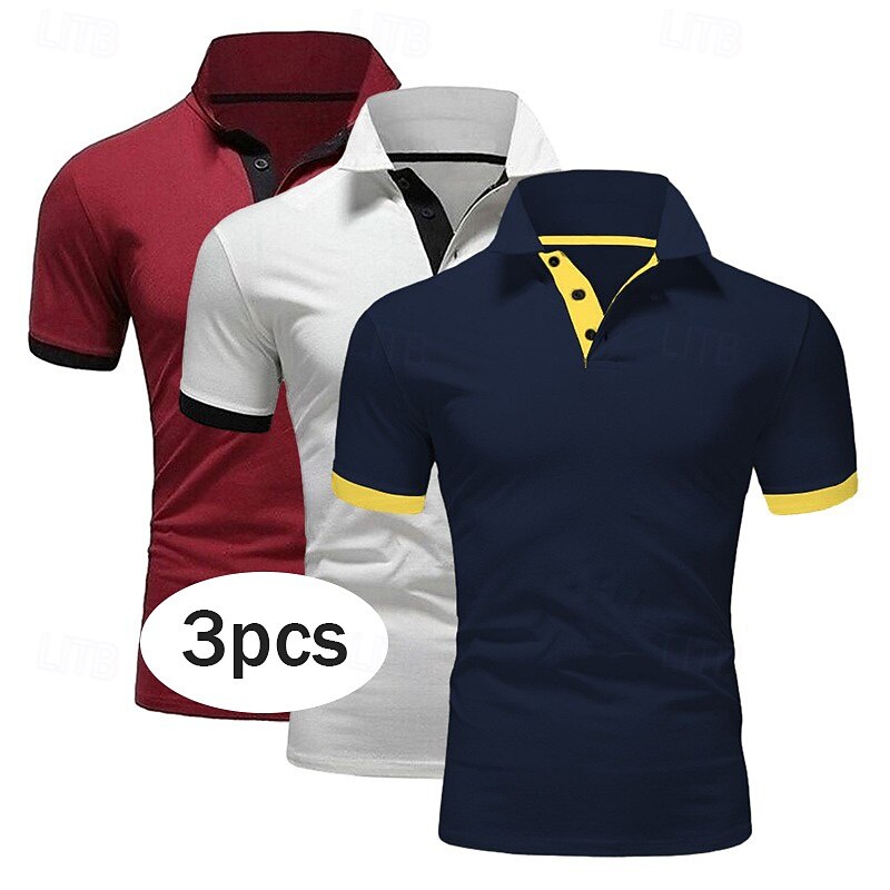 3 Pack Men's Golf T-Shirt Polo Shirt Casual Sports Lapel Short Sleeve Fashion Basic Color 3-Piece Summer Regular Fit Gray Black   Navy Blue Blue Wine White Polo Shirt