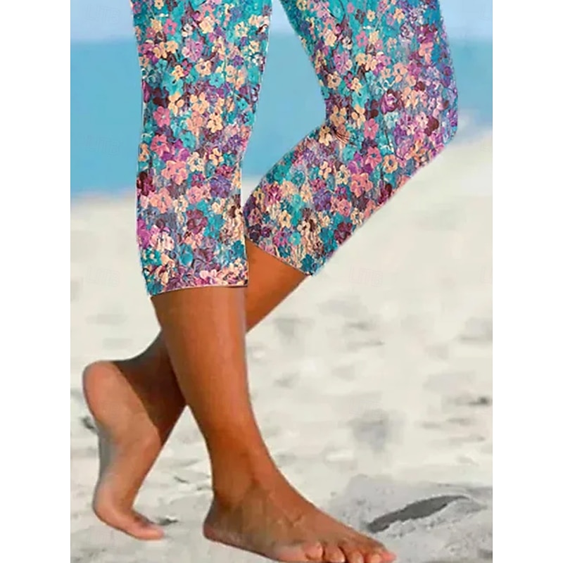 Women's Leggings Vacation Vintage Ethnic Style Calf-Length High Waist Floral Graphic Gradient Soft Comfortable Breathable Stretchy Vacation Street Causal Cobalt Blue Fuchsia Green Summer Spring Fall3