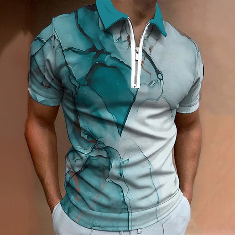 Men's Abstract Marble Zip Polo Short Sleeve Turndown Casual Daily Trendy Sports & Outdoor Athleisure Casual Daily Zipper Summer Black Green ash-colored2