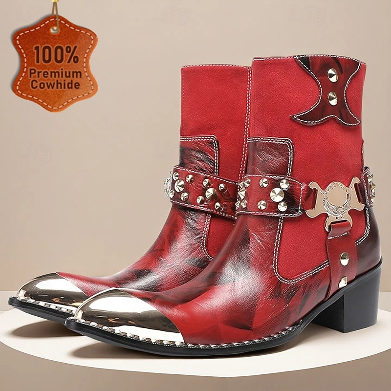 Men's Red Leather Ankle Boots with Gold Tip Decorative Metal Buckles and Studded Details–Bold Western Style Boots for Nightlife and Party Wear