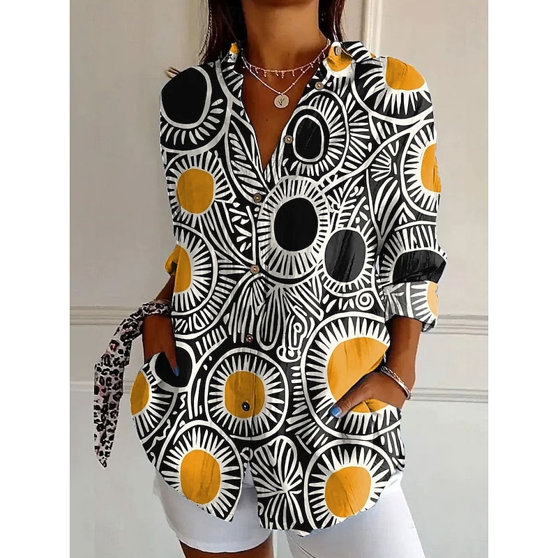 Women's Shirt Button Down Tunic Shirt Collar Long Sleeve Graphic Polka Dot Striped Daily Stylish Casual Regular Tops Work Daily s Print Yellow Blue Purple Orange Spring