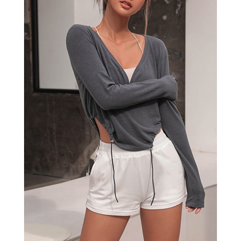 Women's Track Top Running Shirt Drawstring Long Sleeve Top Athleisure V Neck Solid Colored Wick Moisture Tennis Golf Running Sportswear Activewear Apricot White Gray