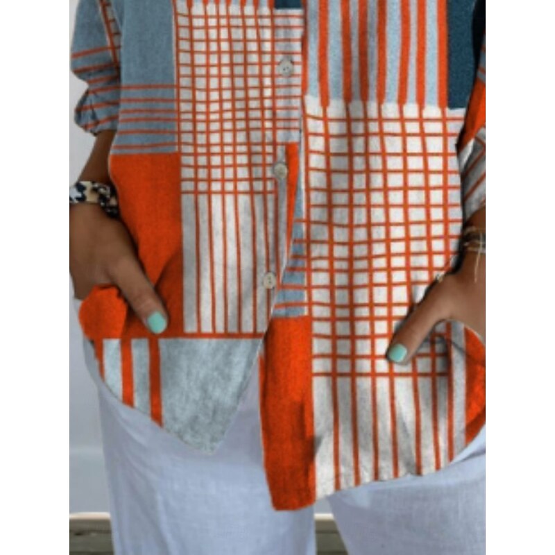 Women's Blouse Geometric Color Block Daily Stylish Long Sleeve Shirt Collar Regular Tops Daily Holiday Buttons Print Blue Summer3