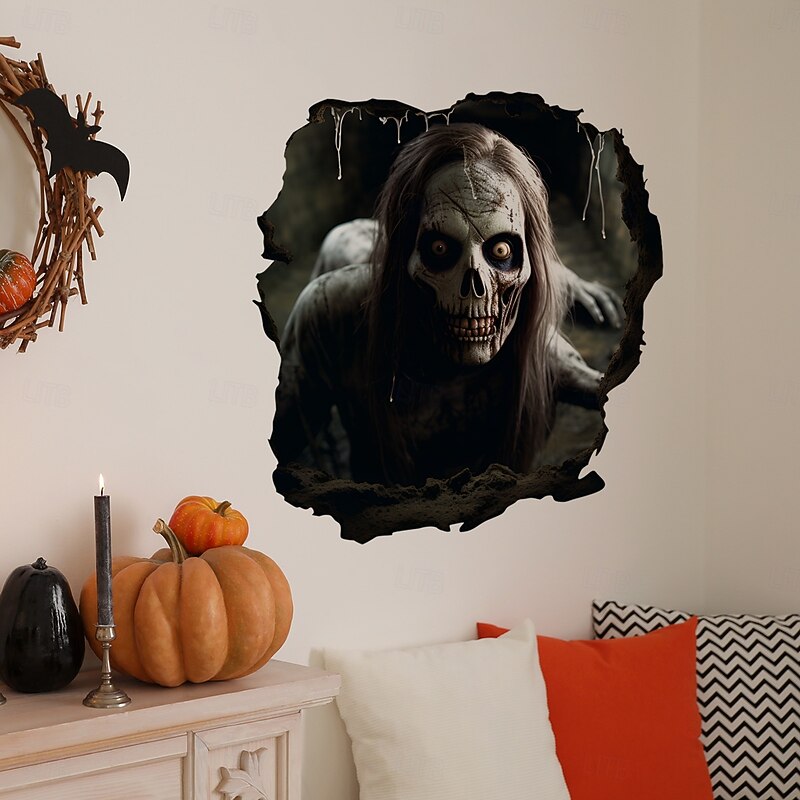 Halloween Floor & Wall Decal Sticker 3D Breakthrough Long-Haired Skeleton Design, Scary Self-Adhesive Wall and Floor Decor for Halloween Party Atmosphere