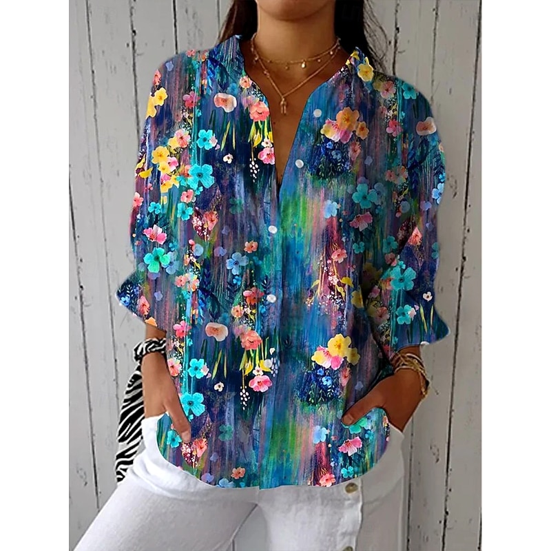 Women's Shirt Button Down Tunic Shirt Collar Long Sleeve Ombre Floral Graphic Vintage Tropical Daily V Neck Regular Tops Work Daily Holiday s Print White Blue Green Spring Fall