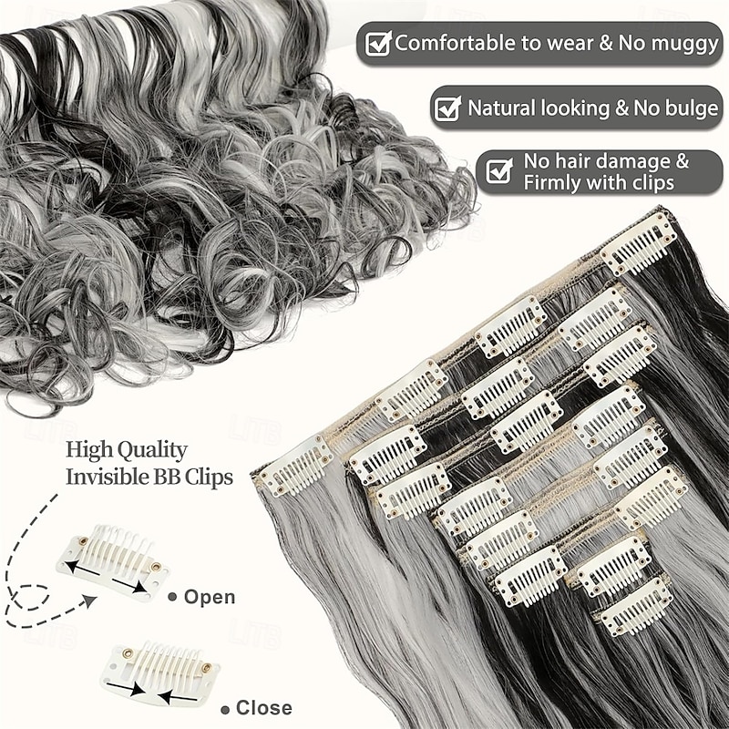 Clip in Hair Extensions 24 Inch 8PCS Natural Black Mix Silver Grey Long Wavy Synthetic Hair Extensions Clip ins Thick Double Weft Extensions for Women3