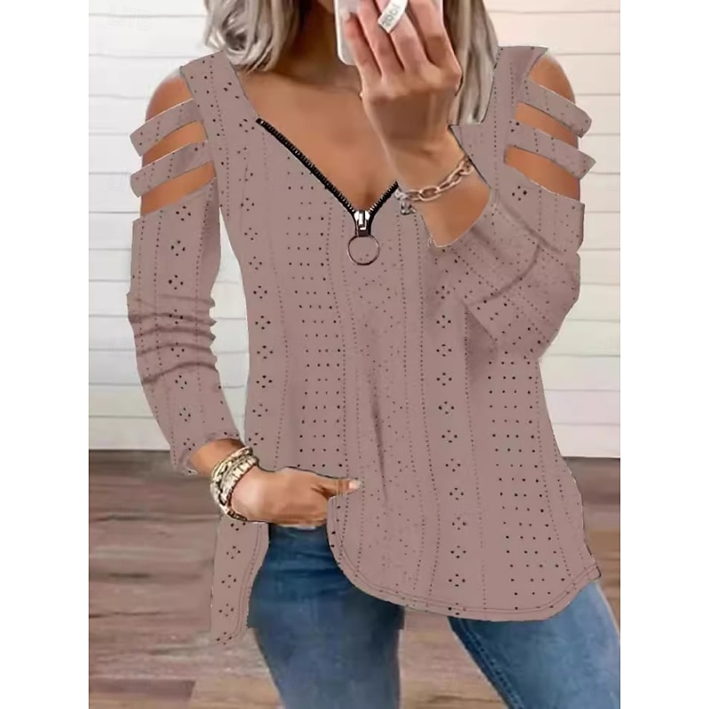 Women's Blouse Solid Color Stylish Casual Long Sleeve V Neck Regular Tops Daily Hollow Out Zipper Black White Pink Blue Green Summer Spring2