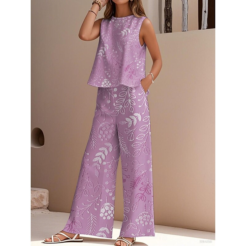 Women's Elegant Fashion Streetwear Two Piece Sets Blouse Vest Pants Trousers Sleeveless Crew Neck Outdoor Work Casual Floral Print Vacation Daily Holiday Pink Blue Purple Summer Regular Fit3