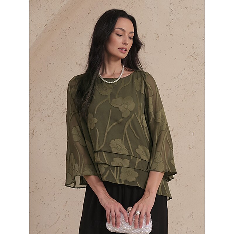 Women's Lace Shirt Blouse Dressy Tops Chiffon Tops Solid Color Floral Elegant Stylish Casual Half Sleeve Flutter Sleeve Boat Neck Regular Tops Wedding Guest Work Daily Asymmetric Hem Olive Summer - Main Image