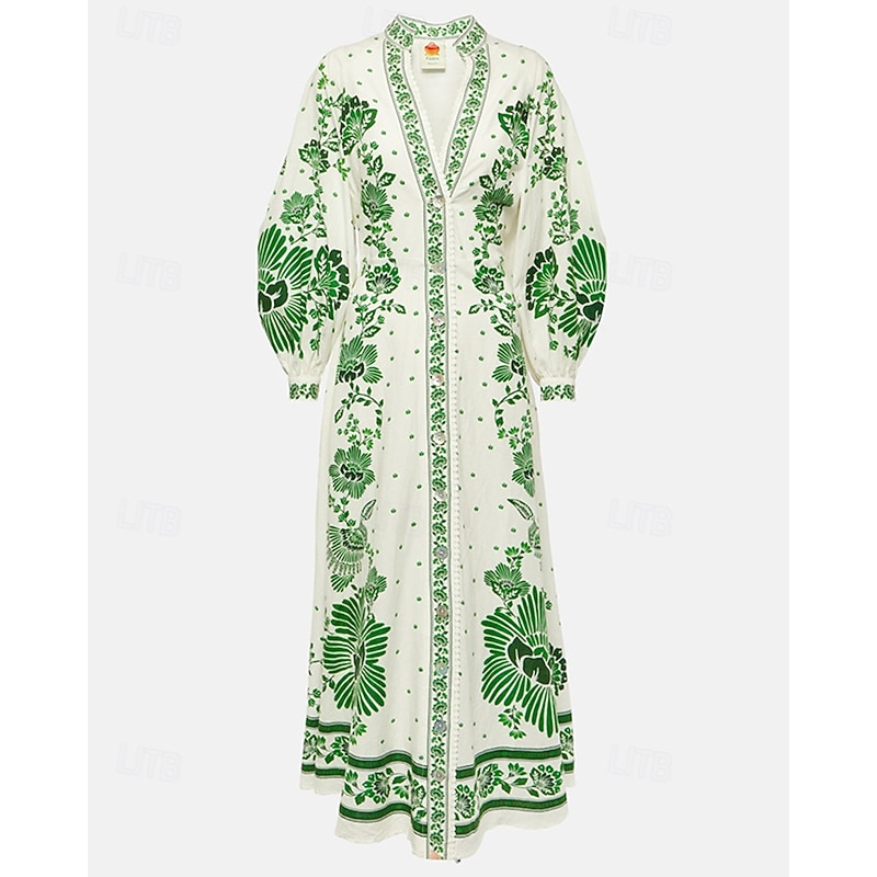 Women's Long Dress Maxi Dress Print Dress Fashion Modern Lantern Sleeve Outdoor Vacation Going out Regular Fit Flower Long Sleeve V Neck Blue Green Fall3