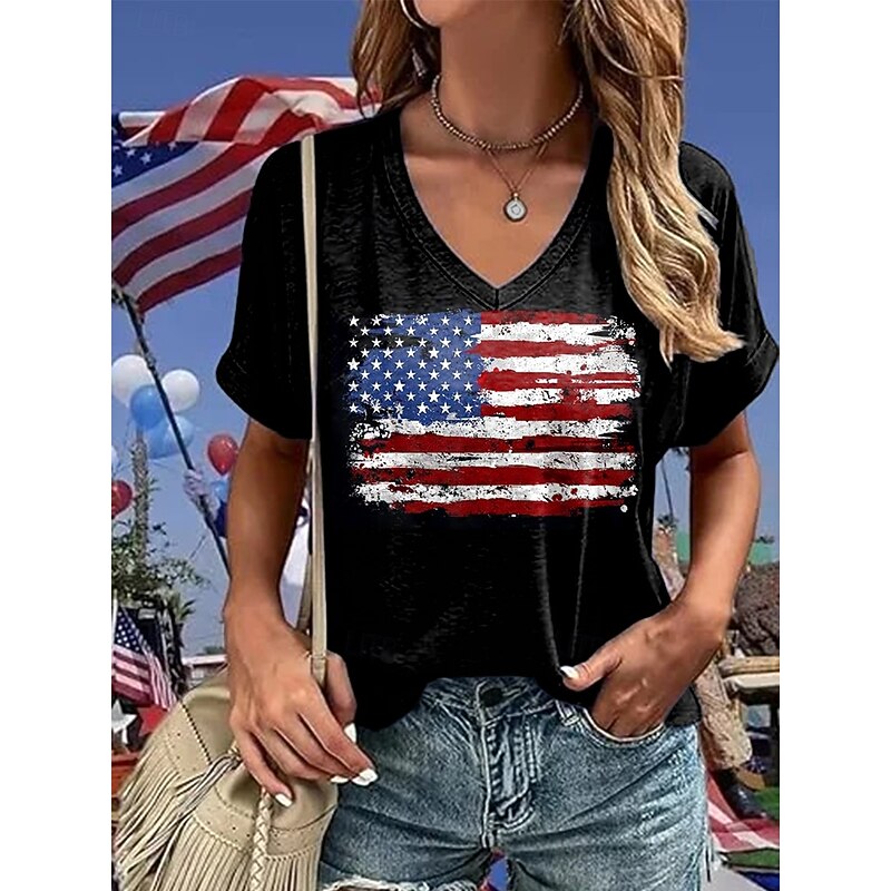 Women's Patriotic  T Shirt Graphic American Flag Vintage Stylish Classic Short Sleeve V Neck Regular Tops Daily Weekend Print Black Summer Spring