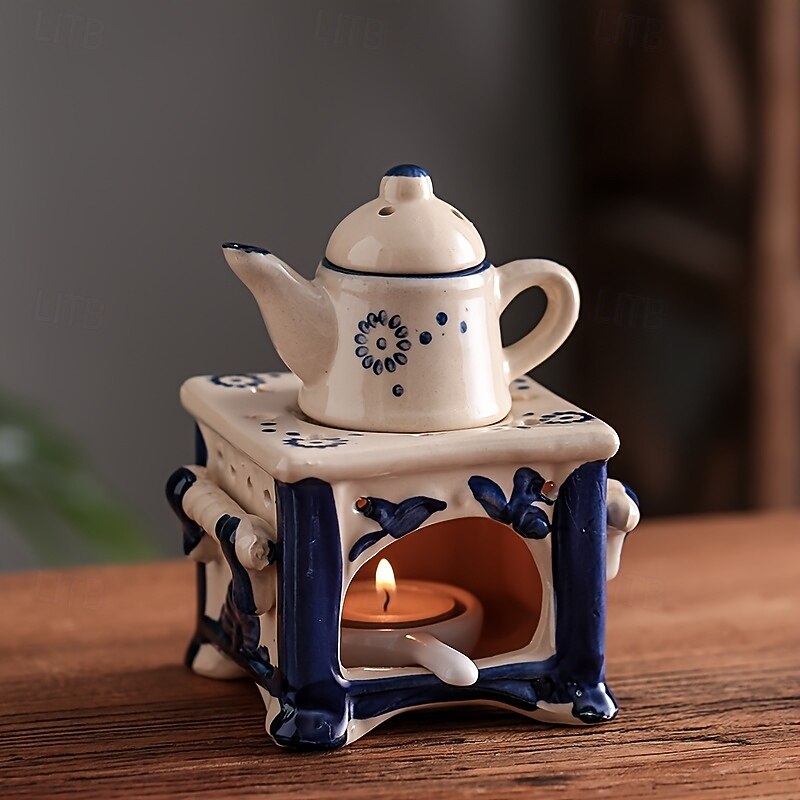Blue & White Ceramic Teapot Candle Holder  Aromatic Oil Heater with Floral Patterns Elegant Home Decor for Holidays Valentines Day and Tea Lovers