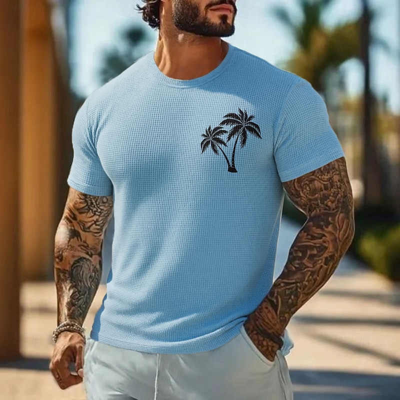 Men's Palm Tree Waffle Shirt Short Sleeve T shirt 3D Print Crew Neck Shirt Vacation Tropical Fashion Vacation Street Casual Light Blue Light Green Pink Summer Spring Clothing Apparel S M L XL XXL XXXL4