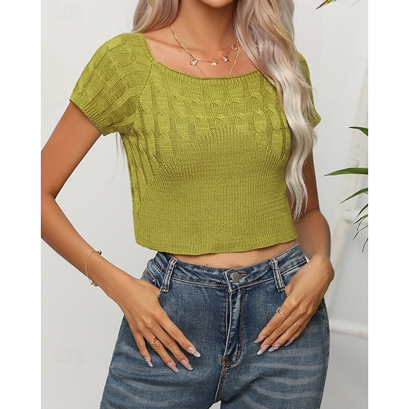 Women's Pullover Casual Solid Color Chunky U Neck Knitted Short Sleeves Regular Tops Knit Daily Holiday Going out White Pink Summer