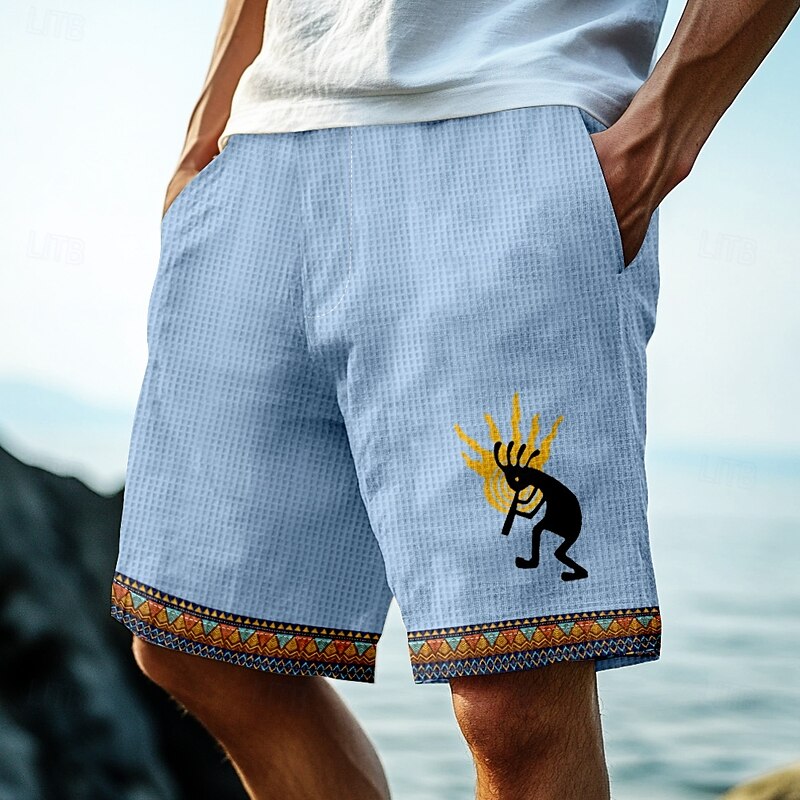 Men's Ethnic Indian Culture Kokopelli Waffle Shorts Sweat Shorts Casual Shorts Mid Waist Retro Vintage Vacation Jogging Workout Elastic Drawstring Waist Shorts with Pockets Designer Clothing Apparel