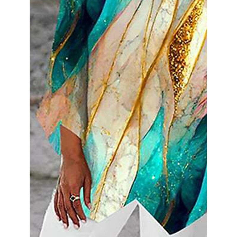 Women's Blouse Print Abstract Daily Stylish Long Sleeve Crew Neck Regular Tops Daily Holiday Print Asymmetric Hem Green Summer Spring2