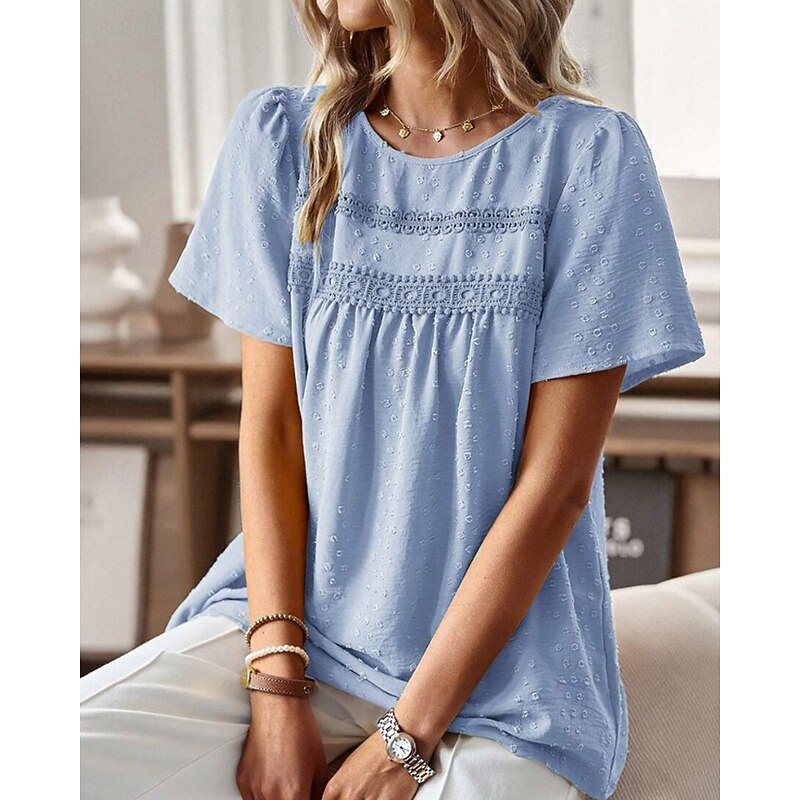 Women's Blouse Polka Dot Modern Casual Short Sleeve Crew Neck Regular Tops Daily Holiday Going out Patchwork White Pink Light Blue Summer3