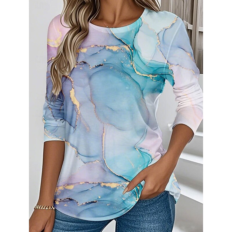 Women's T shirt Crew Neck Long Sleeve Tunic Graphic Marble Vintage Stylish Classic  Regular Tops Daily Weekend Print Blue Summer