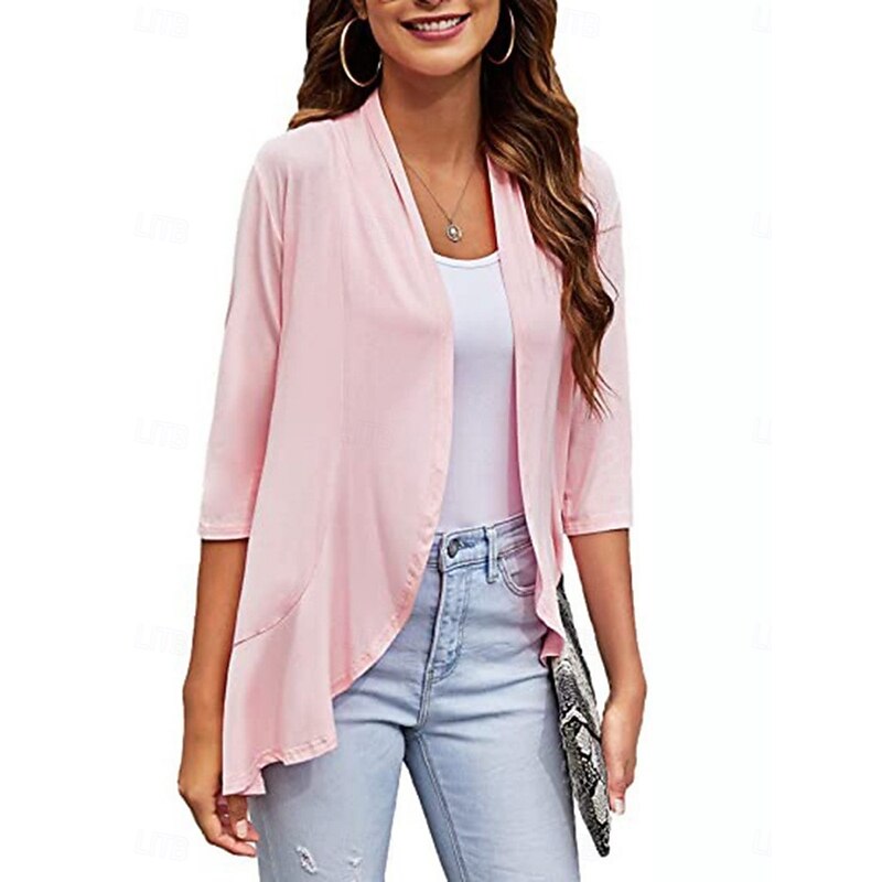 Women's Casual Jacket Breathable Comfortable Ruffle Casual Plain Vacation Street Casual Daily Wear Open Front Regular Collarless Regular Fit Long Sleeve Outerwear White Pink Navy Blue Summer Spring