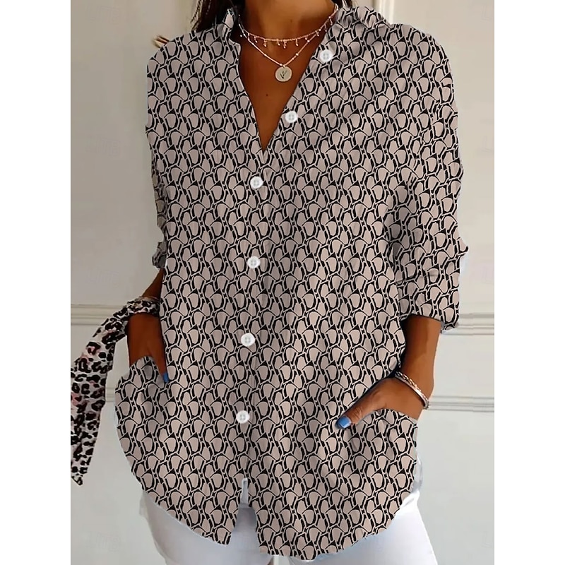 Women's Shirt Button Down Tunic Shirt Collar Long Sleeve Graphic Geometric Polka Dot Vintage Daily Stylish Regular Tops Work Daily s Print Blue Orange Brown Green Khaki Spring