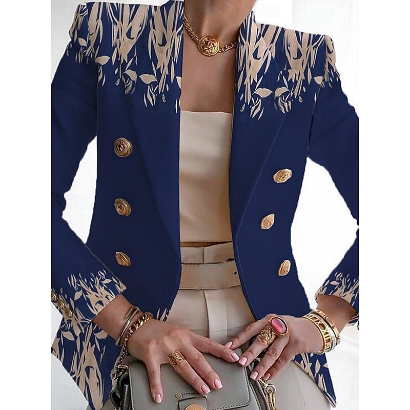 Women's Blazer Comfortable Breathable Print Fashion Casual Floral Formal Work Office / Career Double Breasted Regular Turndown Regular Fit Long Sleeve Outerwear Black White Navy Blue Summer4