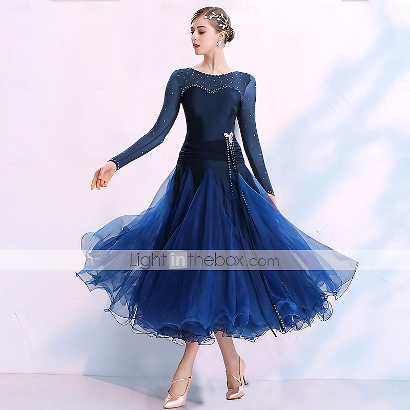 Ballroom Dance Dress Split Joint Crystals / Rhinestones Women's Training Performance Long Sleeve Spandex Organza Polyster