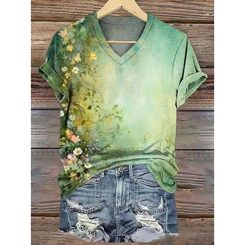 Women's T Shirt Floral Graphic Plants Vintage Fashion Hawaiian Short Sleeve V Neck Regular Tops Daily Going out Weekend Print Yellow Pink Blue Purple Orange Summer Spring3