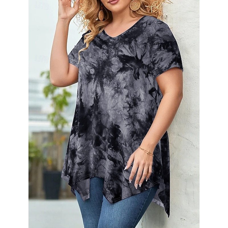 Women's Plus Size Tops Blouse Tie Dye Print Short Sleeve V Neck Fashion Streetwear Daily Weekend Polyester Summer Wine Purple2