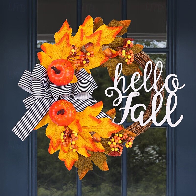 Fall Wreath for Front Door Thanksgiving Autumn Farmhouse Indoor Outdoor Decoration, Rustic Twig Letter Maple Leaf Vine Wreath, Harvest Festival Door Hanging Decor