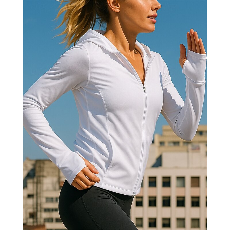 Women's Running Jacket Outdoor Jacket Pocket Full Zip Long Sleeve Outerwear Athletic Solid Colored Sun Protection Lightweight Breathable Tennis Golf Running Sportswear Activewear Black White Pink3