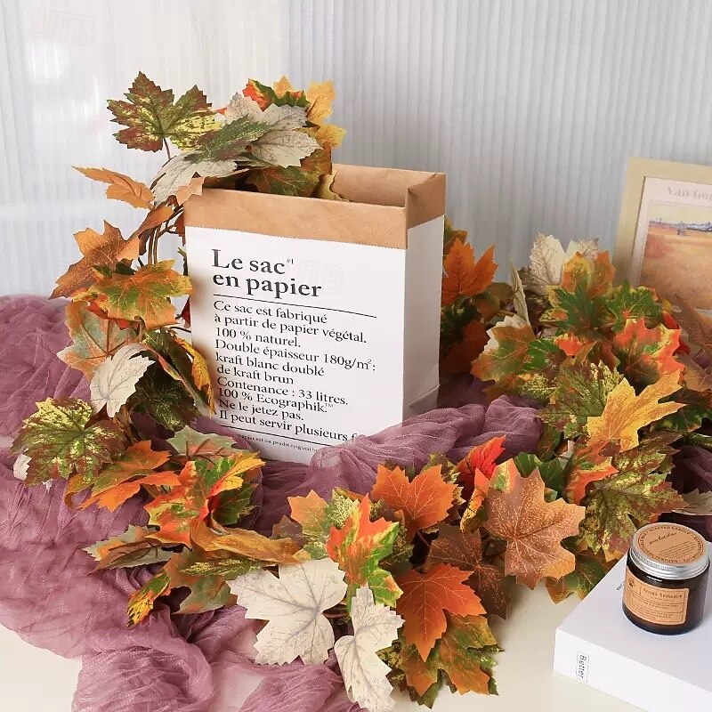 Fall Artificial Maple Leaf Garland, Halloween and Thanksgiving Harvest Vine Decoration, Realistic Faux Autumn Leaves for Indoor and Outdoor Use3