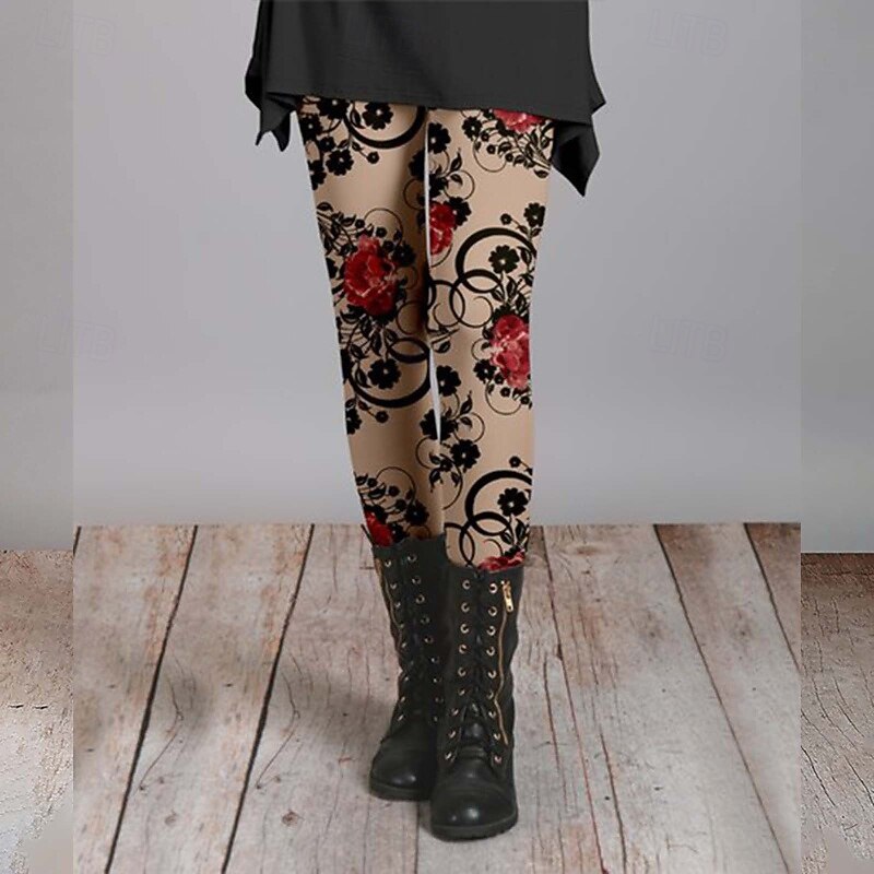 Women's Slacks Leggings Cozy Leggings Streetwear Casual Full Length Natural Flower Elastic Waist Print Comfy Outdoor Comfortable Outdoor Vacation Weekend Navy Pink Dark Green Fuchsia Fall Regular Fit4