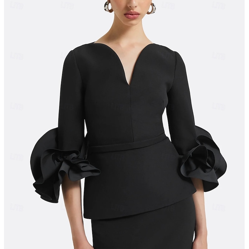 Black Mermaid / Trumpet Evening Gown Elegant Dress Formal Floor Length Long Sleeve V Neck Stretch Crepe with Ruched3