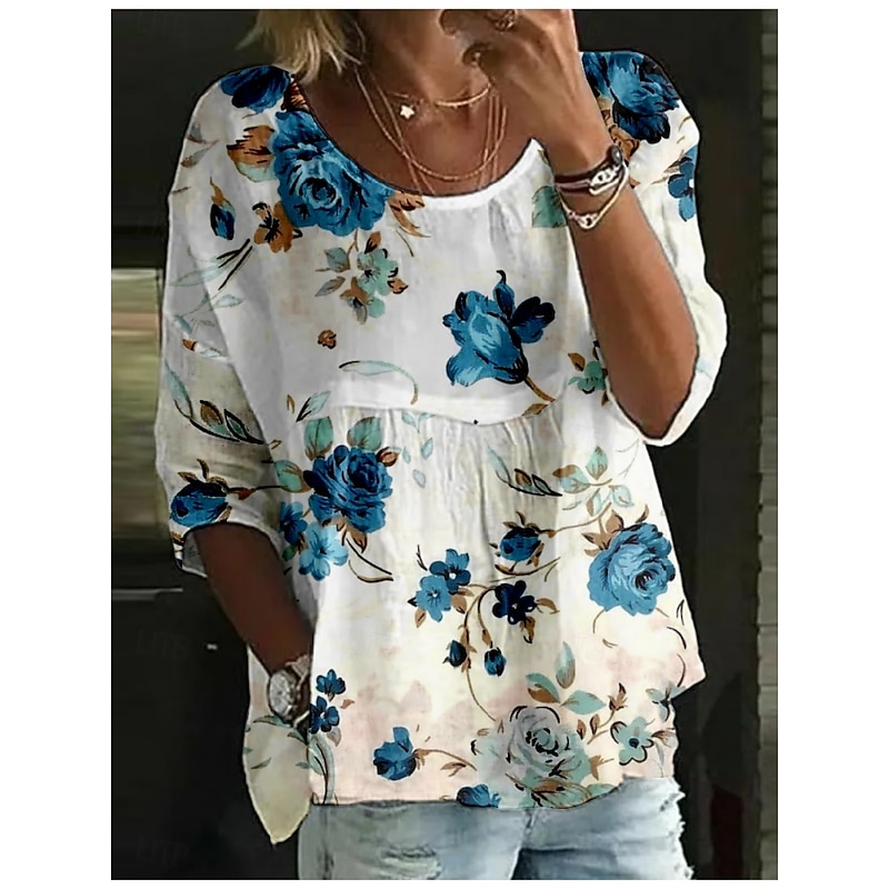 Women's Blouse Floral Stylish 3/4 Length Sleeve Crew Neck Regular Tops Daily Holiday Print White Red Royal Blue Blue Orange Summer2