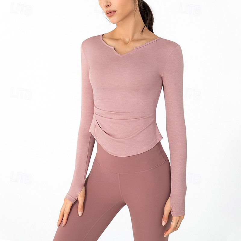 Women's Sports shirts V-neckline Skin Friendly Softness Breathable Wrinkles Long Sleeve Sports Solid Color Top For Pilates Zumba Running Activewear
