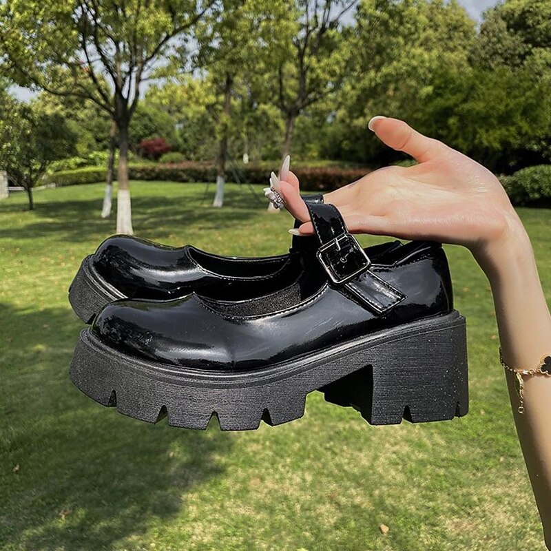 Women's Black Patent Leather Platform Mary Jane Shoes with Chunky Lug Sole and Buckle Strap, Gothic Y2K Style for School, Streetwear, and Casual Outings2