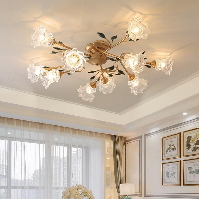 6/8/10-Light Floral Ceiling Light, Vintage Tulip Flower Semi-Flush Mount Ceiling Lamp, Gold Metal Branch with Frosted Glass Shades for Living Room, Bedroom2