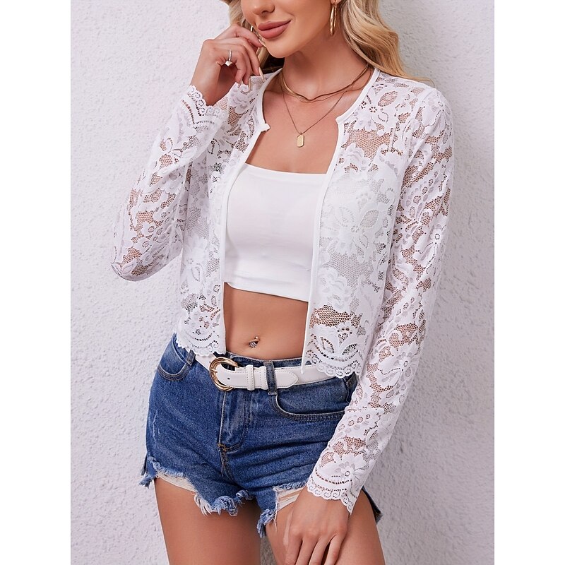 Women's Casual Jacket Breathable Comfortable Lace Patchwork Elegant Casual Plain Vacation Street Casual Daily Wear Open Front Short Crewneck Regular Fit Long Sleeve Outerwear Black White Summer Spring2